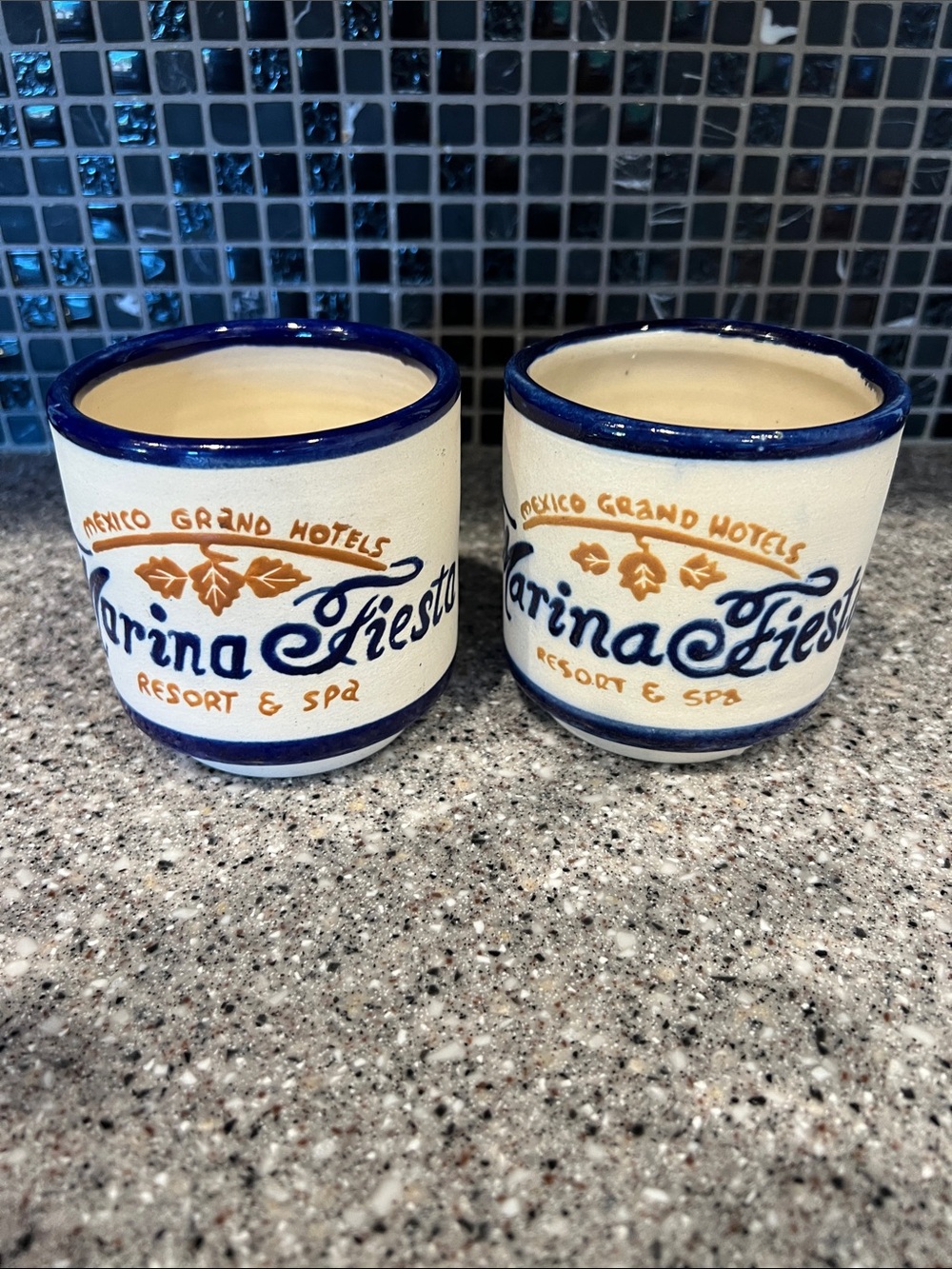 Marina Fiesta Resort & Spa Blue-Trim Ceramic Cups hand painted